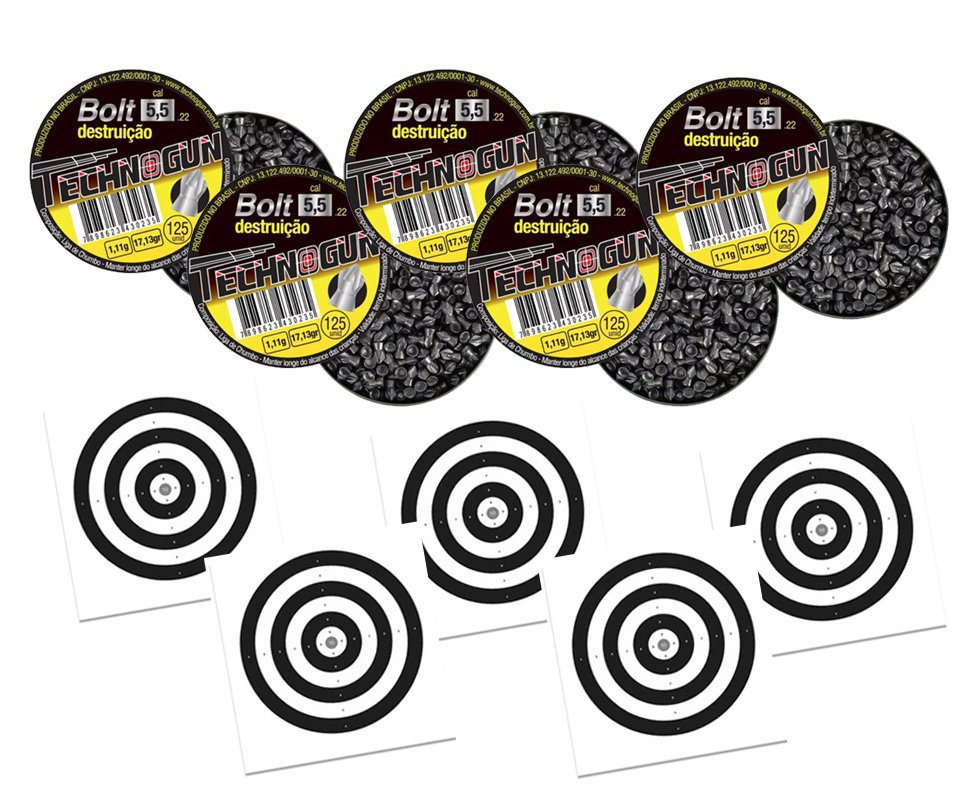 Kit 05 Chumbinho Bolt Destruição Cal 5,5mm Com 125unds - Technogun + 50 Alvos