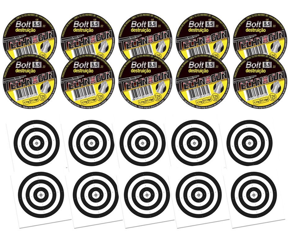 Kit 10 Chumbinho Bolt Destruição Cal 5,5mm Com 125unds - Technogun + 100 alvos