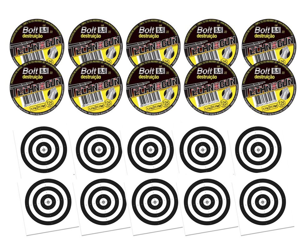 Kit 10 Chumbinho Bolt Destruição Cal 5,5mm Com 125unds - Technogun + 100 alvos