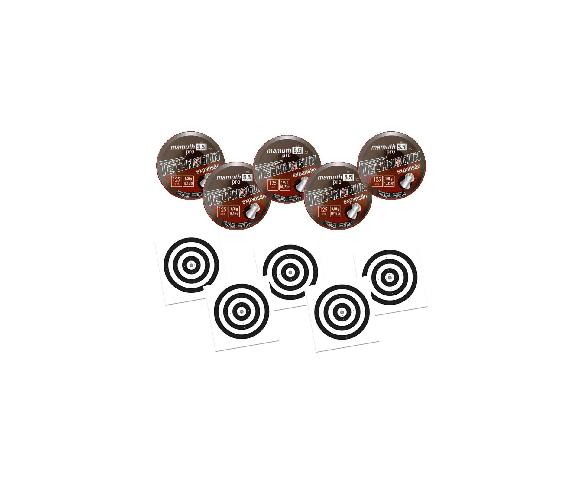 Kit 05 Chumbinho Mamuth Pró - Calibre 5,5mm - Pote Com 125 Pcs - Technogun + 50 Alvos