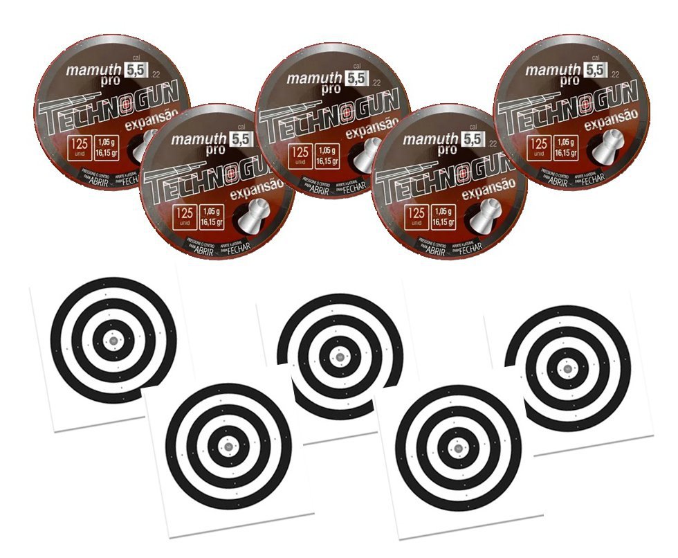 Kit 05 Chumbinho Mamuth Pró - Calibre 5,5mm - Pote Com 125 Pcs - Technogun + 50 Alvos