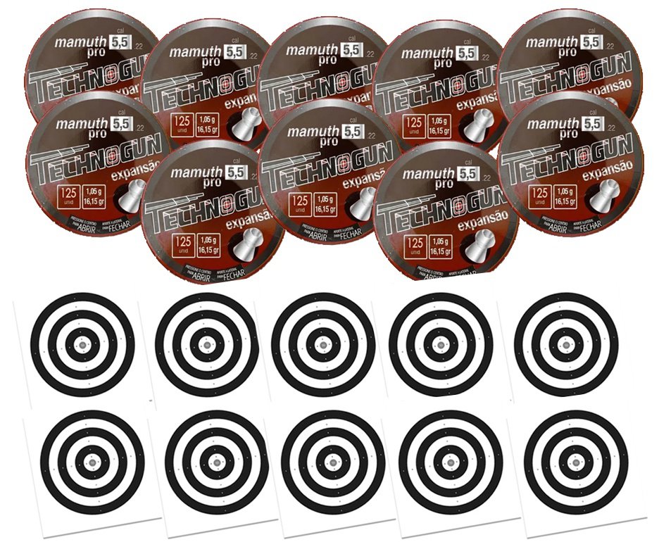 Kit 10 Chumbinho Mamuth Pró - Calibre 5,5mm - Pote Com 125 Pcs - Technogun + 100 Alvos