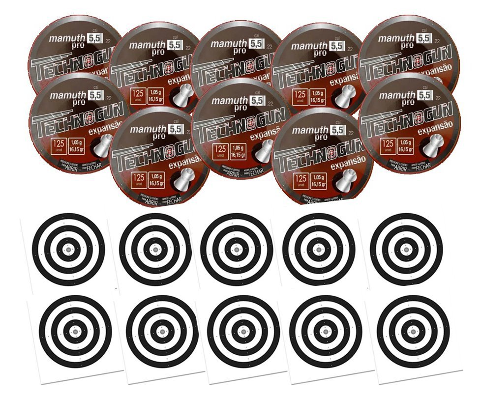 Kit 10 Chumbinho Mamuth Pró - Calibre 5,5mm - Pote Com 125 Pcs - Technogun + 100 Alvos