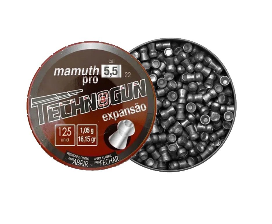 Kit 10 Chumbinho Mamuth Pró - Calibre 5,5mm - Pote Com 125 Pcs - Technogun + 100 Alvos