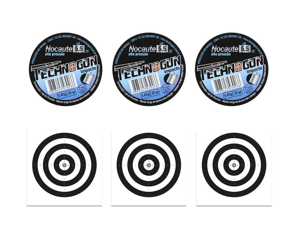 Kit 03 Chumbinho Technogun Nocaute Impacto 5,5mm- 125uni + 30 alvos