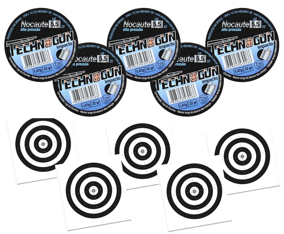 Kit 05 Chumbinho Technogun Nocaute Impacto 5,5mm Com 125unid + 50 Alvos