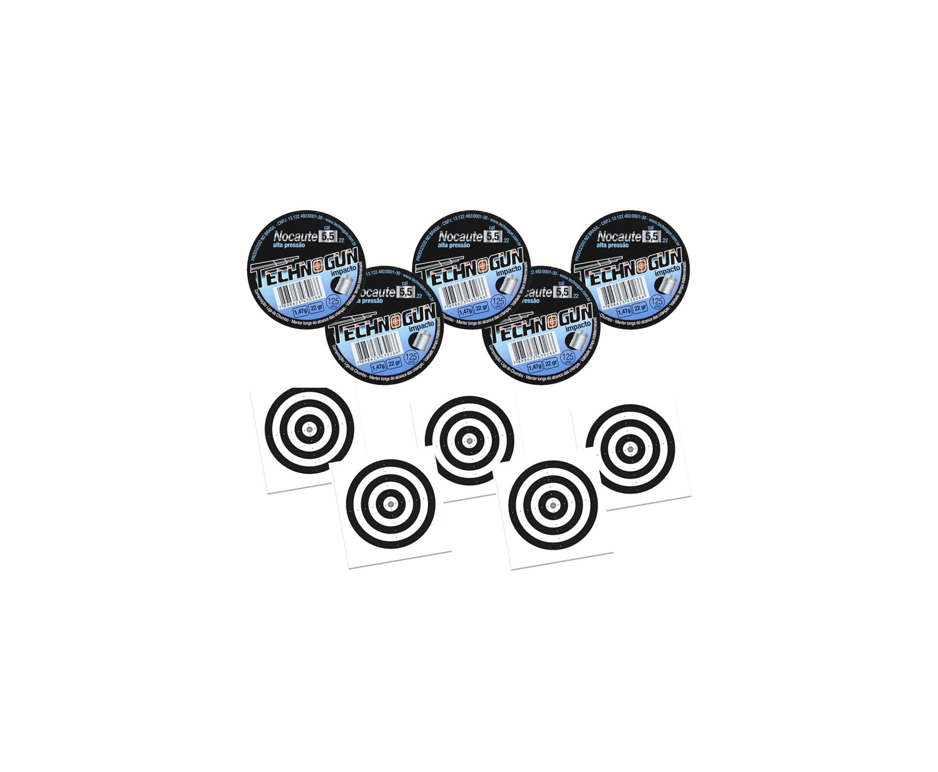 Kit 05 Chumbinho Technogun Nocaute Impacto 5,5mm Com 125unid + 50 Alvos