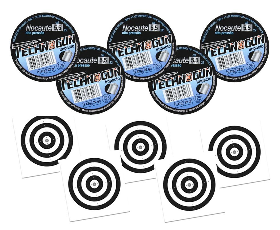 Kit 05 Chumbinho Technogun Nocaute Impacto 5,5mm Com 125unid + 50 Alvos