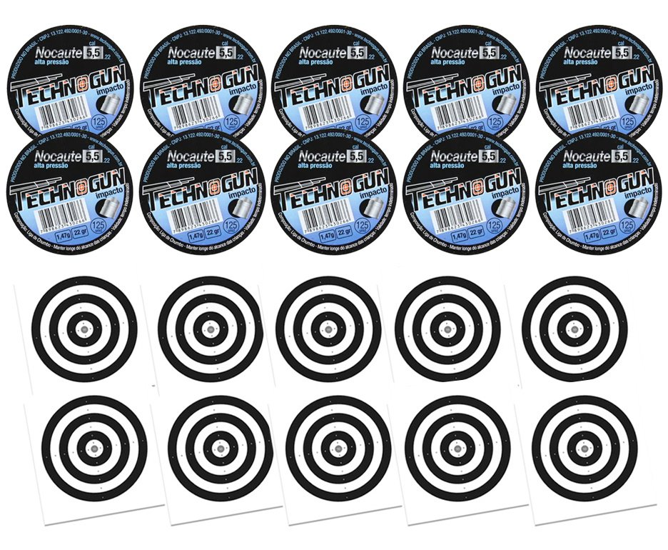 Kit 10 Chumbinho Technogun Nocaute Impacto 5,5mm Com 125unid + 100 Alvos