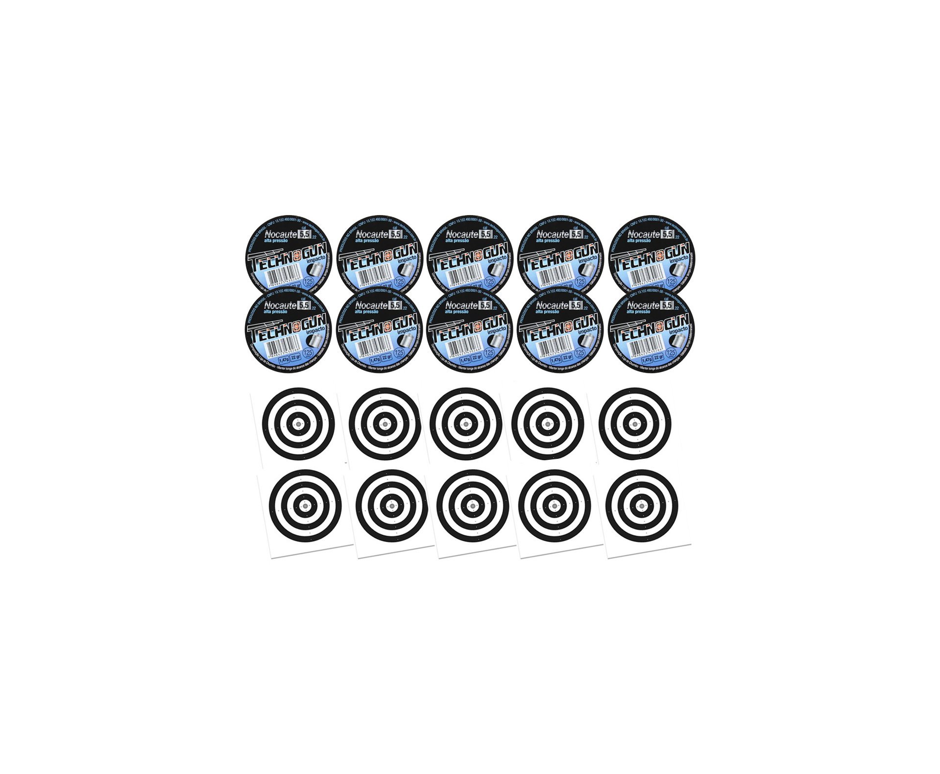 Kit 10 Chumbinho Technogun Nocaute Impacto 5,5mm Com 125unid + 100 Alvos