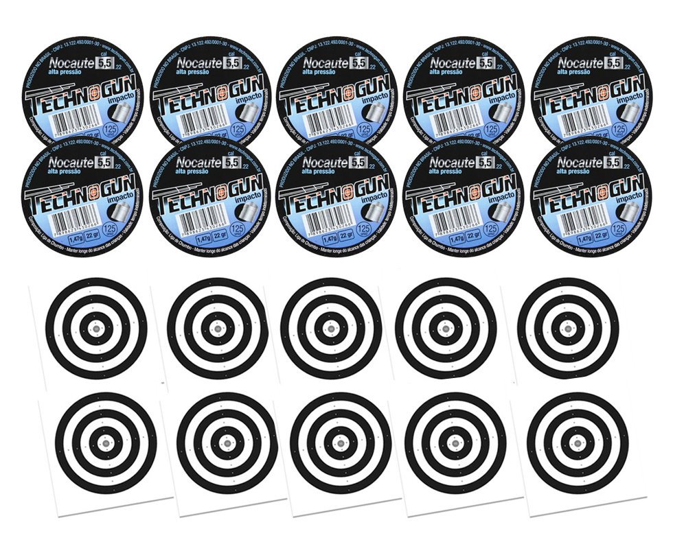 Kit 10 Chumbinho Technogun Nocaute Impacto 5,5mm Com 125unid + 100 Alvos
