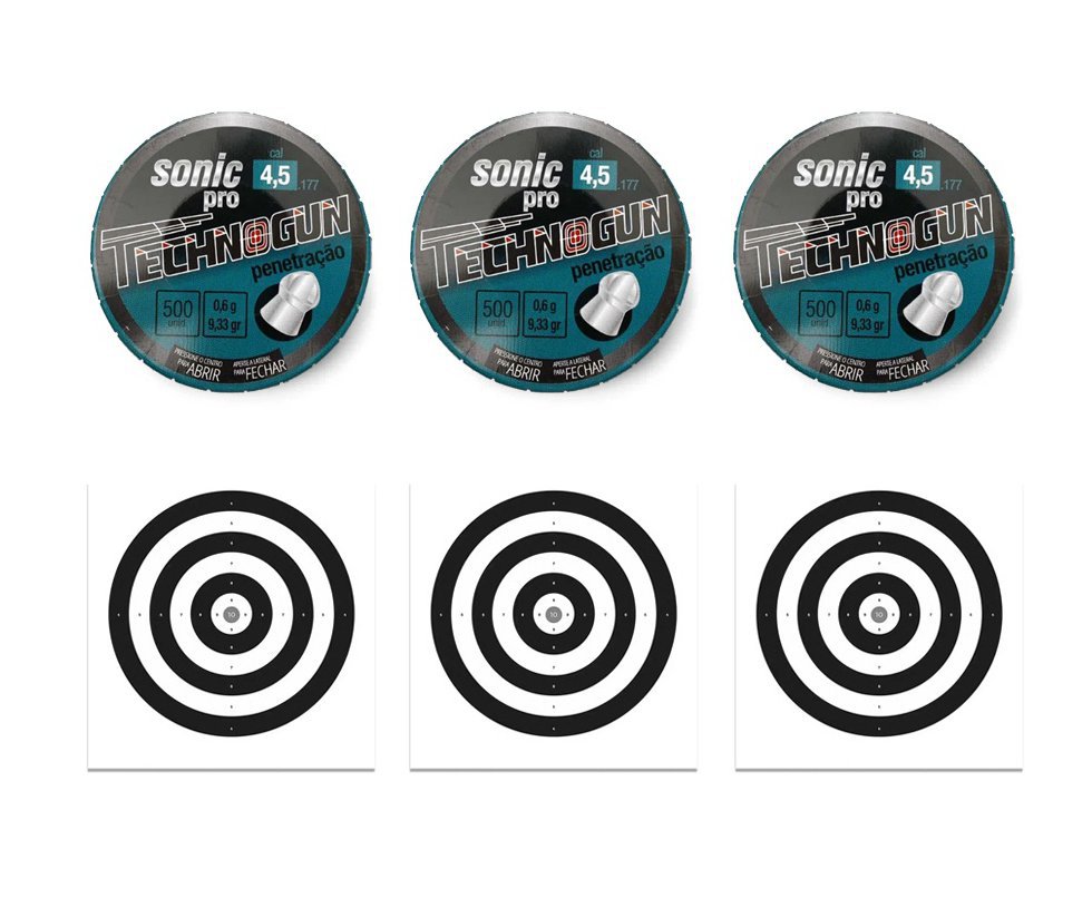 Kit 03 Chumbinho Sonic Pró - Calibre 4,5mm - Pote Com 500 Pcs - Technogun + 30 Alvos
