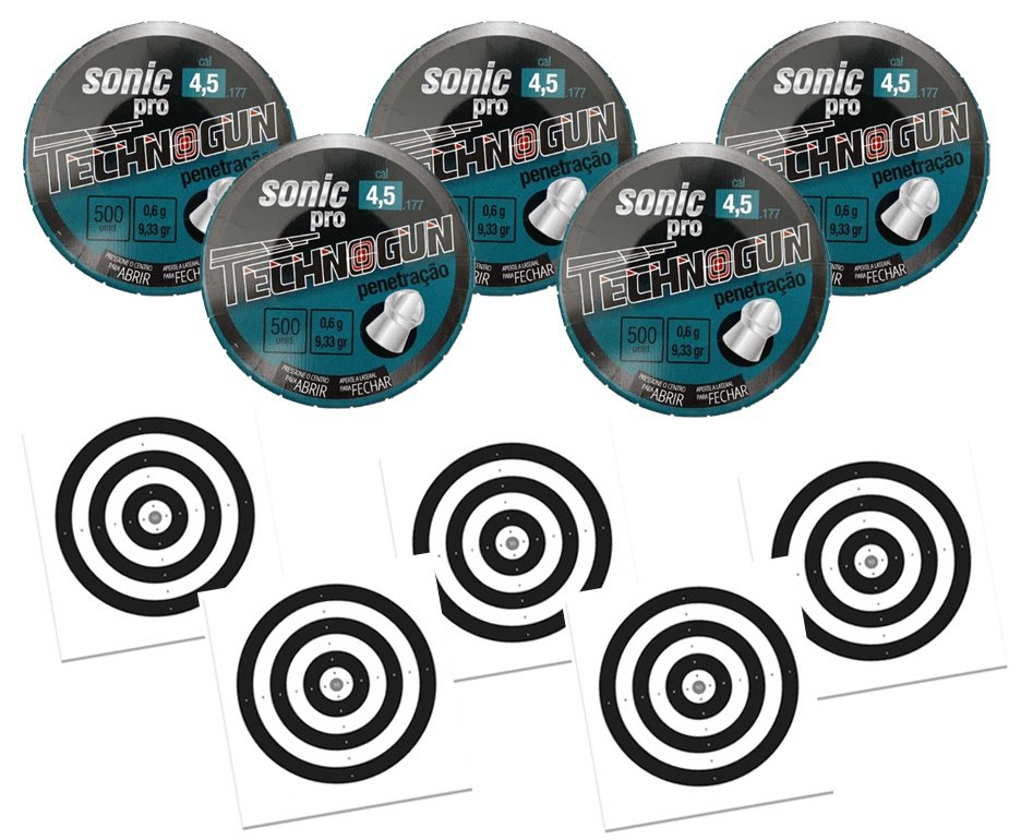 Kit 05 Chumbinho Sonic Pró - Calibre 4,5mm - Pote Com 500 Pcs - Technogun + 50 Alvos