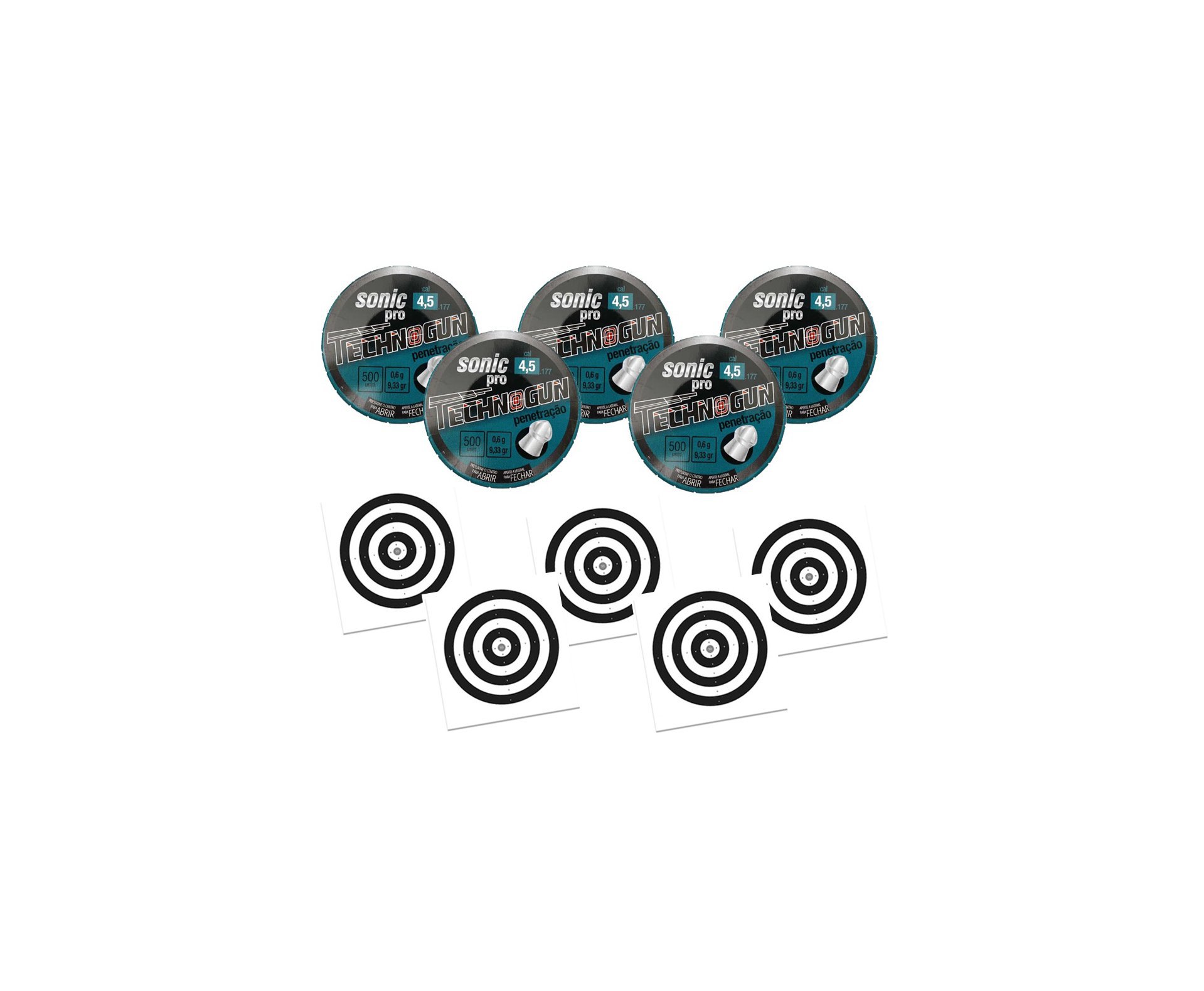 Kit 05 Chumbinho Sonic Pró - Calibre 4,5mm - Pote Com 500 Pcs - Technogun + 50 Alvos