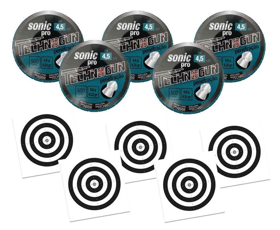 Kit 05 Chumbinho Sonic Pró - Calibre 4,5mm - Pote Com 500 Pcs - Technogun + 50 Alvos
