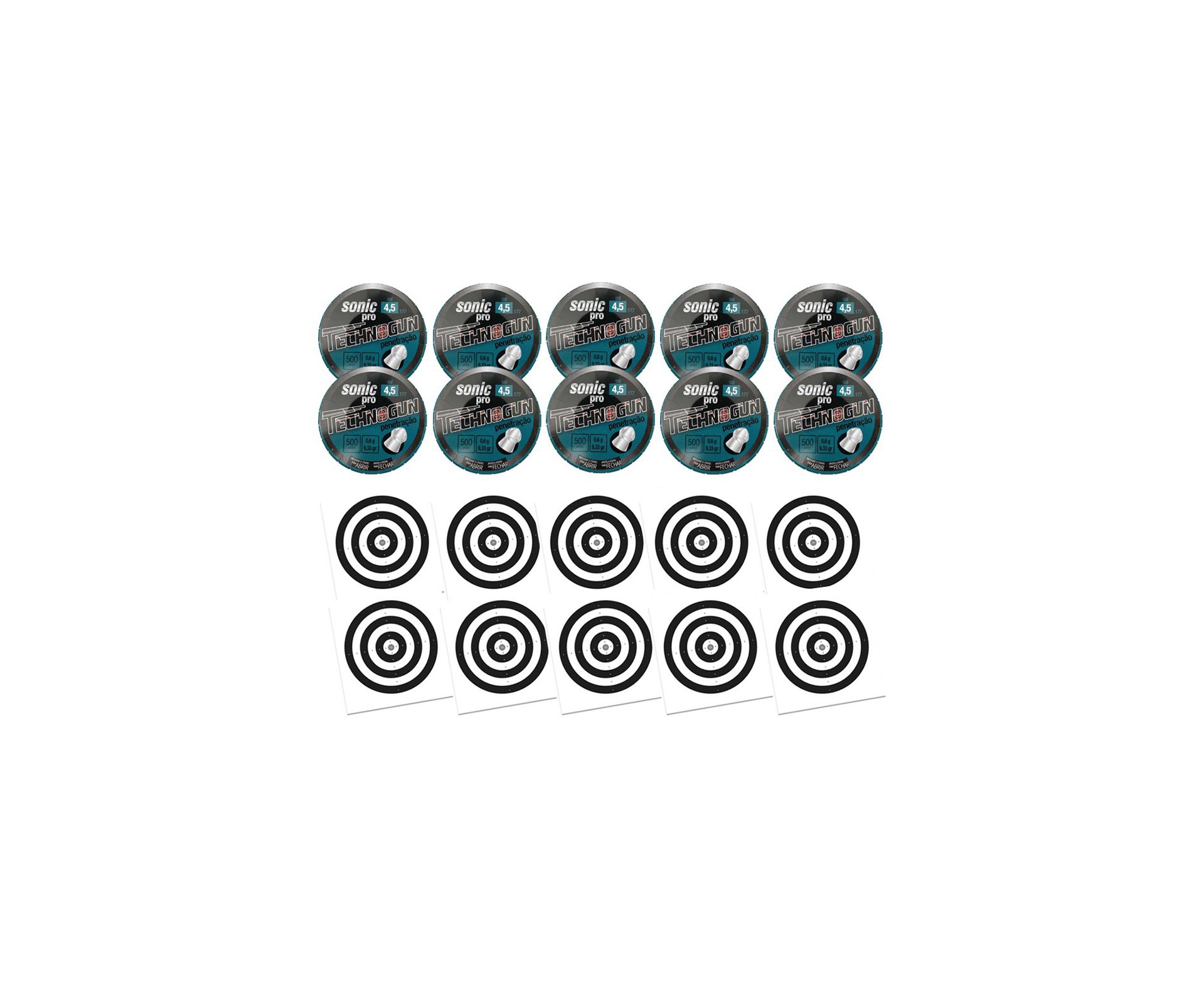 Kit 10 Chumbinho Sonic Pró - Calibre 4,5mm - Pote Com 500 Pcs - Technogun + 100 Alvos