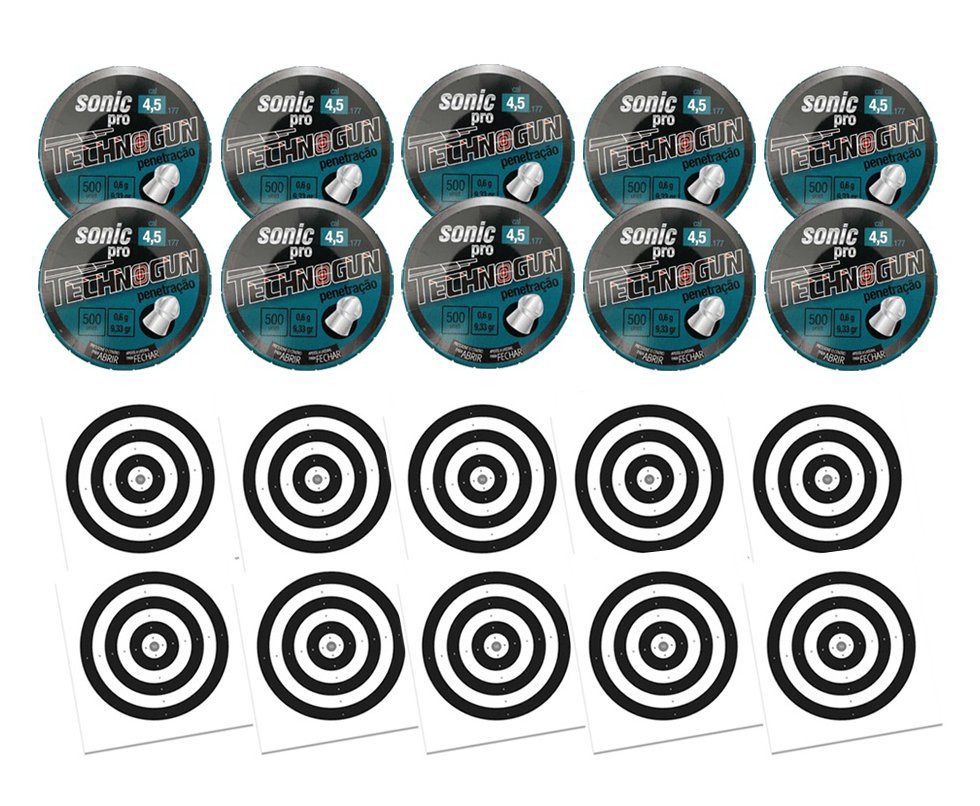Kit 10 Chumbinho Sonic Pró - Calibre 4,5mm - Pote Com 500 Pcs - Technogun + 100 Alvos