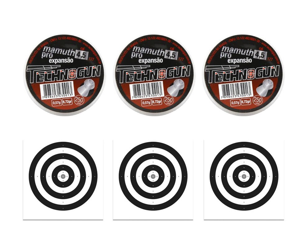 Kit 03 Chumbinho Mamuth Pró - Cal 4,5 Mm - Pote Com 250 Pcs - Technogun + 30 Alvos