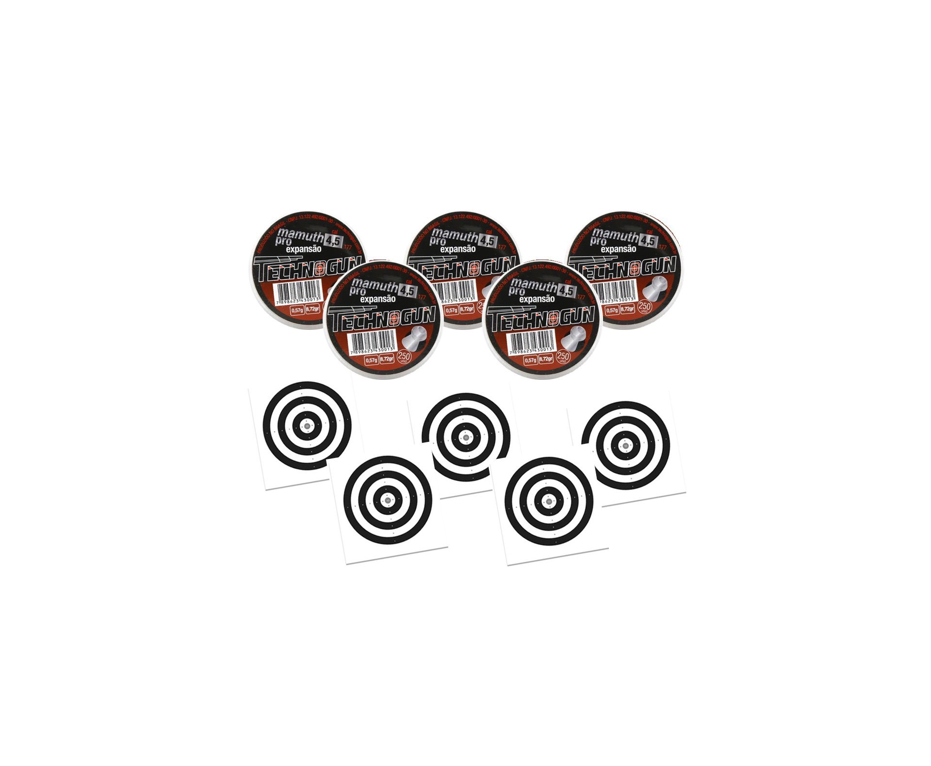 Kit 05 Chumbinho Mamuth Pró - Cal 4,5 Mm - Pote Com 250 Pcs - Technogun + 50 Alvos