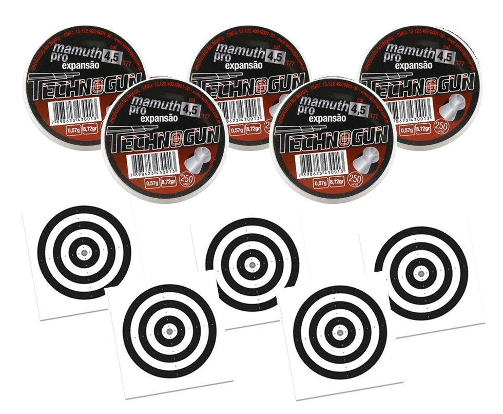 Kit 05 Chumbinho Mamuth Pró - Cal 4,5 Mm - Pote Com 250 Pcs - Technogun + 50 Alvos