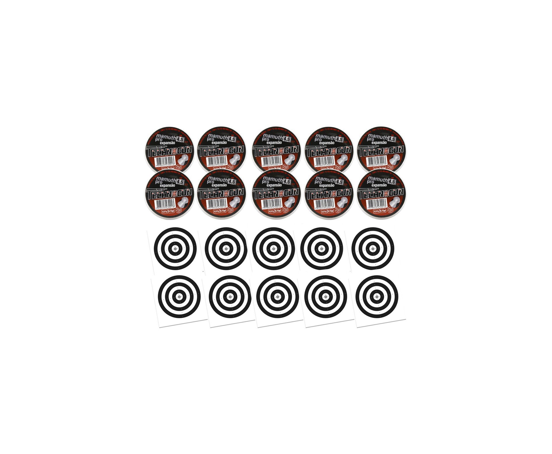 Kit 10 Chumbinho Mamuth Pró - Cal 4,5 Mm - Pote Com 250 Pcs - Technogun + 100 Alvos