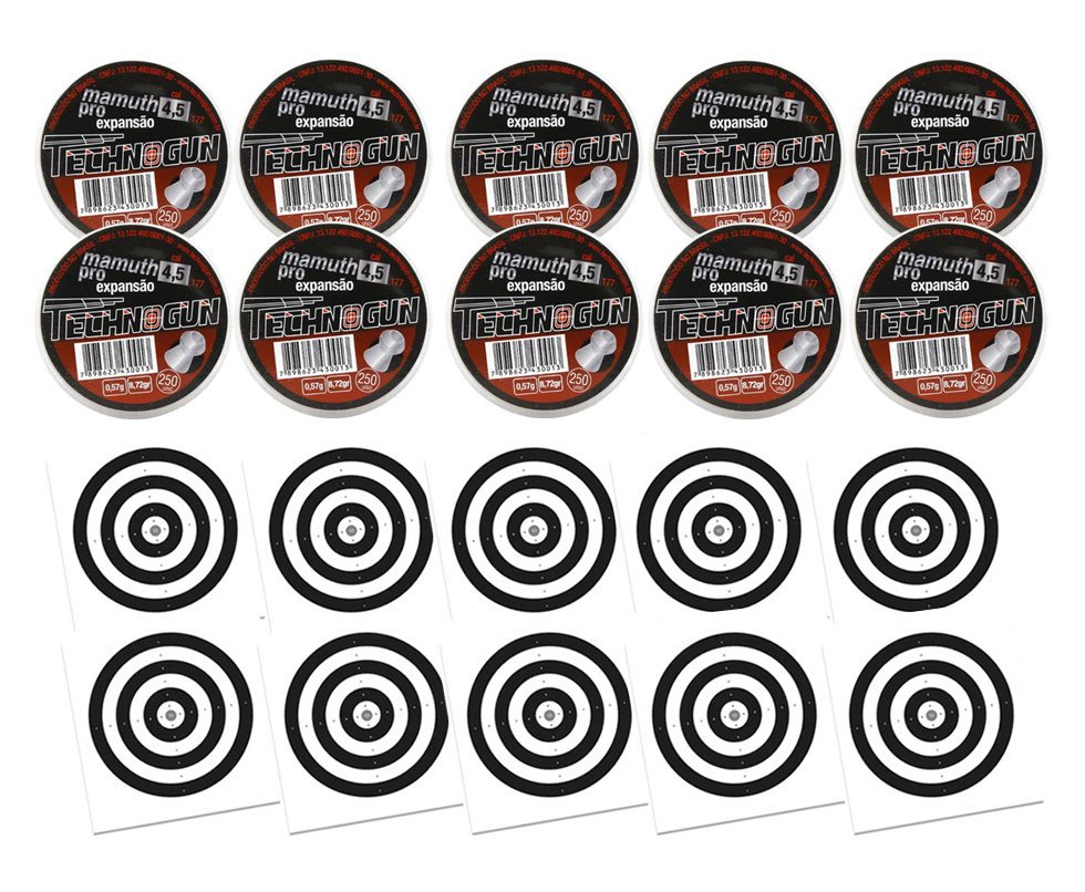 Kit 10 Chumbinho Mamuth Pró - Cal 4,5 Mm - Pote Com 250 Pcs - Technogun + 100 Alvos