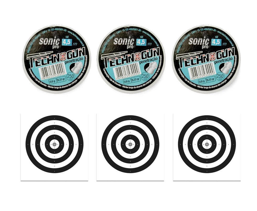 Kit 03 Chumbinho Sonic Pró Calibre 4,5mm - Pote Com 250 Pcs - Technogun + 30 Alvos