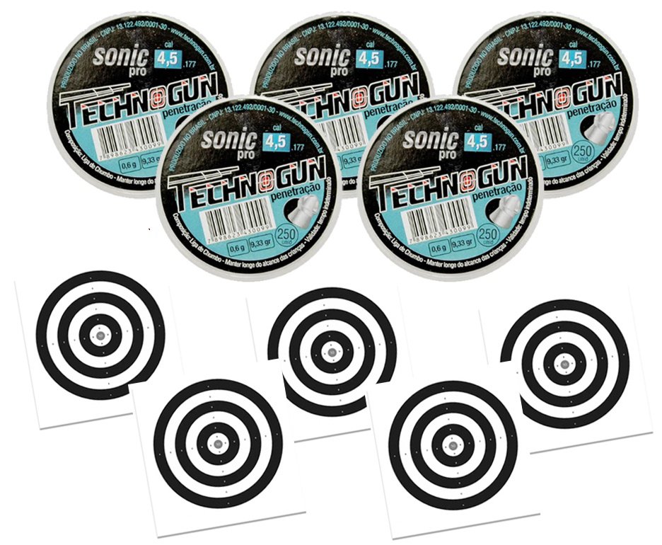 Kit 05 Chumbinho Sonic Pró Calibre 4,5mm - Pote Com 250 Pcs - Technogun + 50 Alvos