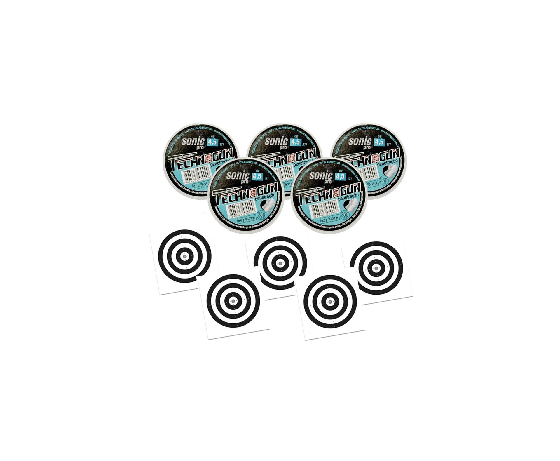 Kit 05 Chumbinho Sonic Pró Calibre 4,5mm - Pote Com 250 Pcs - Technogun + 50 Alvos