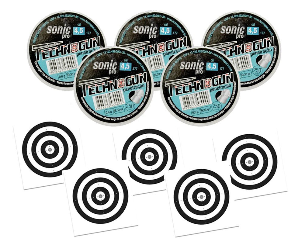 Kit 05 Chumbinho Sonic Pró Calibre 4,5mm - Pote Com 250 Pcs - Technogun + 50 Alvos
