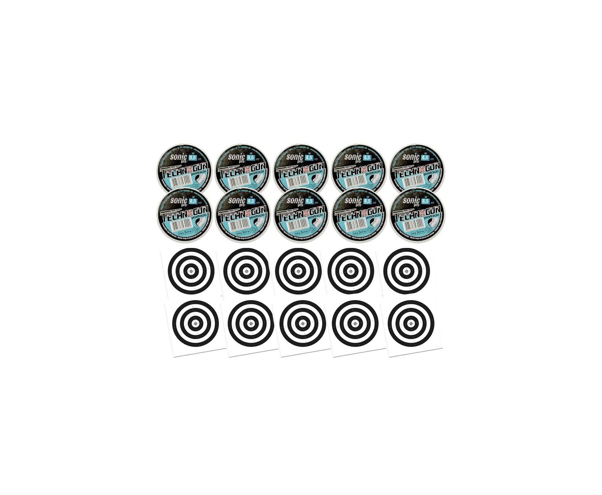 Kit 10 Chumbinho Sonic Pró Calibre 4,5mm - Pote Com 250 Pcs - Technogun + 100 Alvos