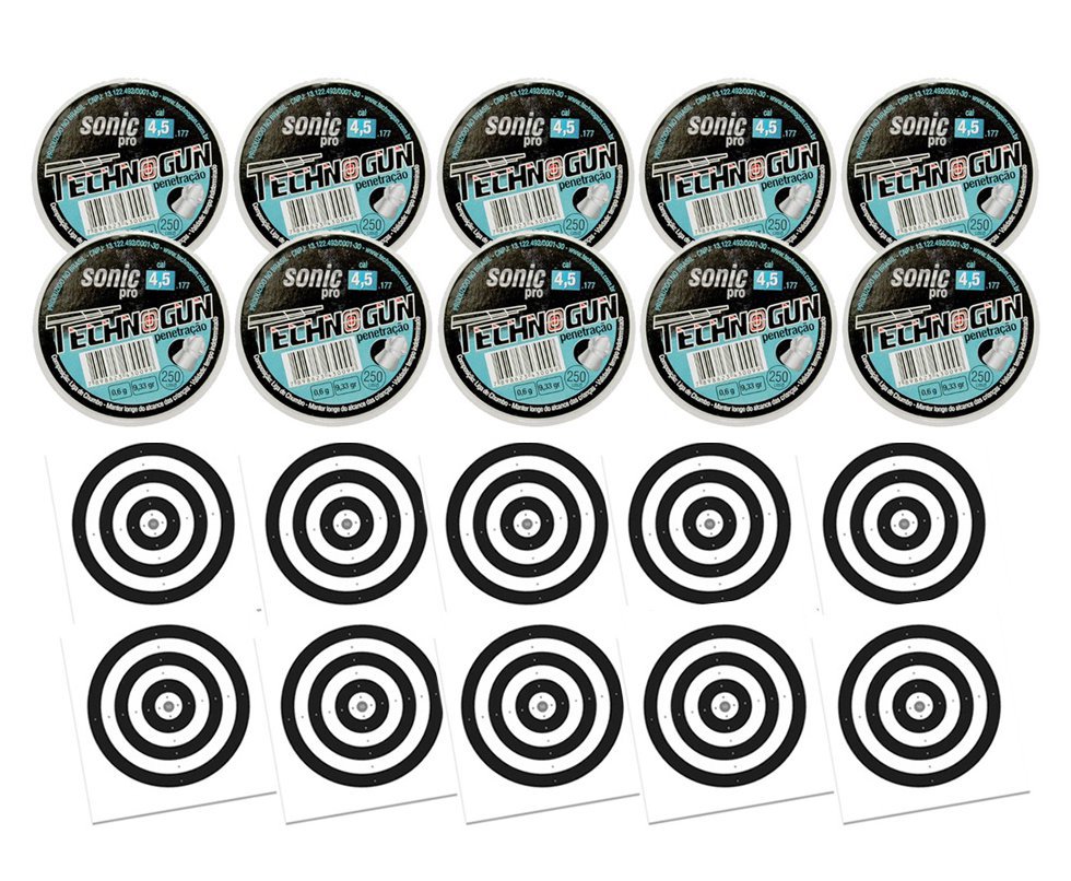 Kit 10 Chumbinho Sonic Pró Calibre 4,5mm - Pote Com 250 Pcs - Technogun + 100 Alvos