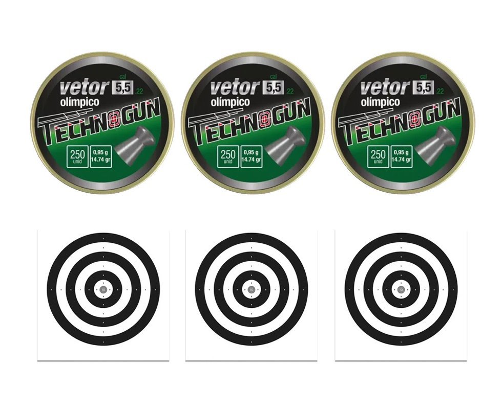 Kit 03 Chumbinho Vetor - Calibre 5,5 Mm - 250 Unid - Technogun + 30 Alvos