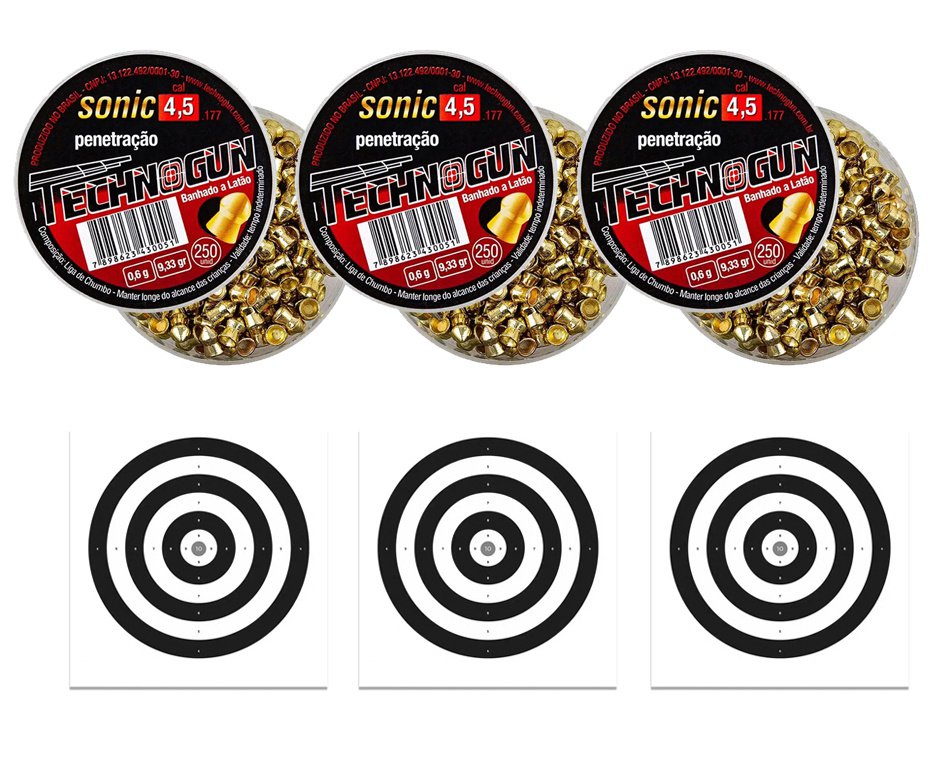 Kit 03 Chumbinho Sonic Gold Latonado Calibre 4,5 Mm - 250 Unidades - Technogun + 30 Alvos