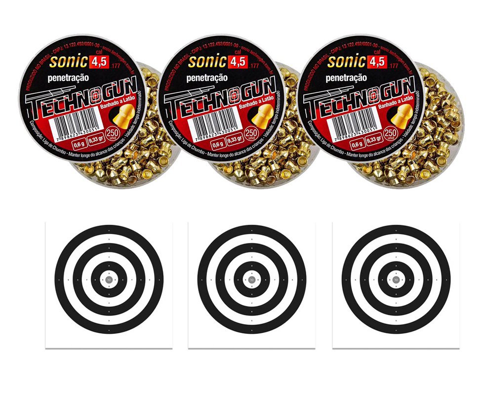 Kit 03 Chumbinho Sonic Gold Latonado Calibre 4,5 Mm - 250 Unidades - Technogun + 30 Alvos