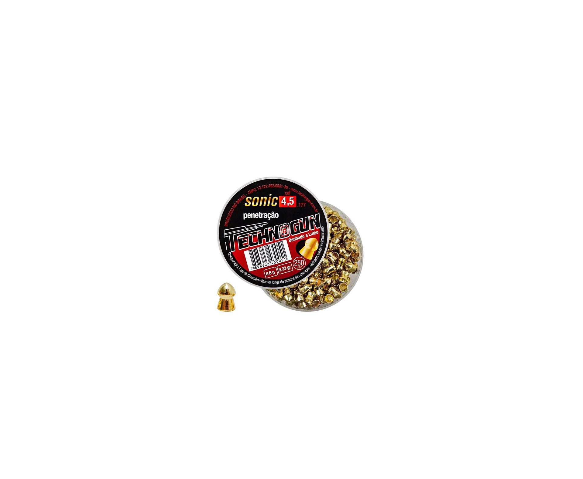 Kit 05 Chumbinho Sonic Gold Latonado Calibre 4,5 Mm - 250 Unidades - Technogun + 05 Alvos