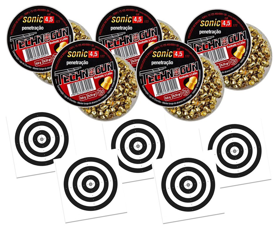 Kit 05 Chumbinho Sonic Gold Latonado Calibre 4,5 Mm - 250 Unidades - Technogun + 05 Alvos