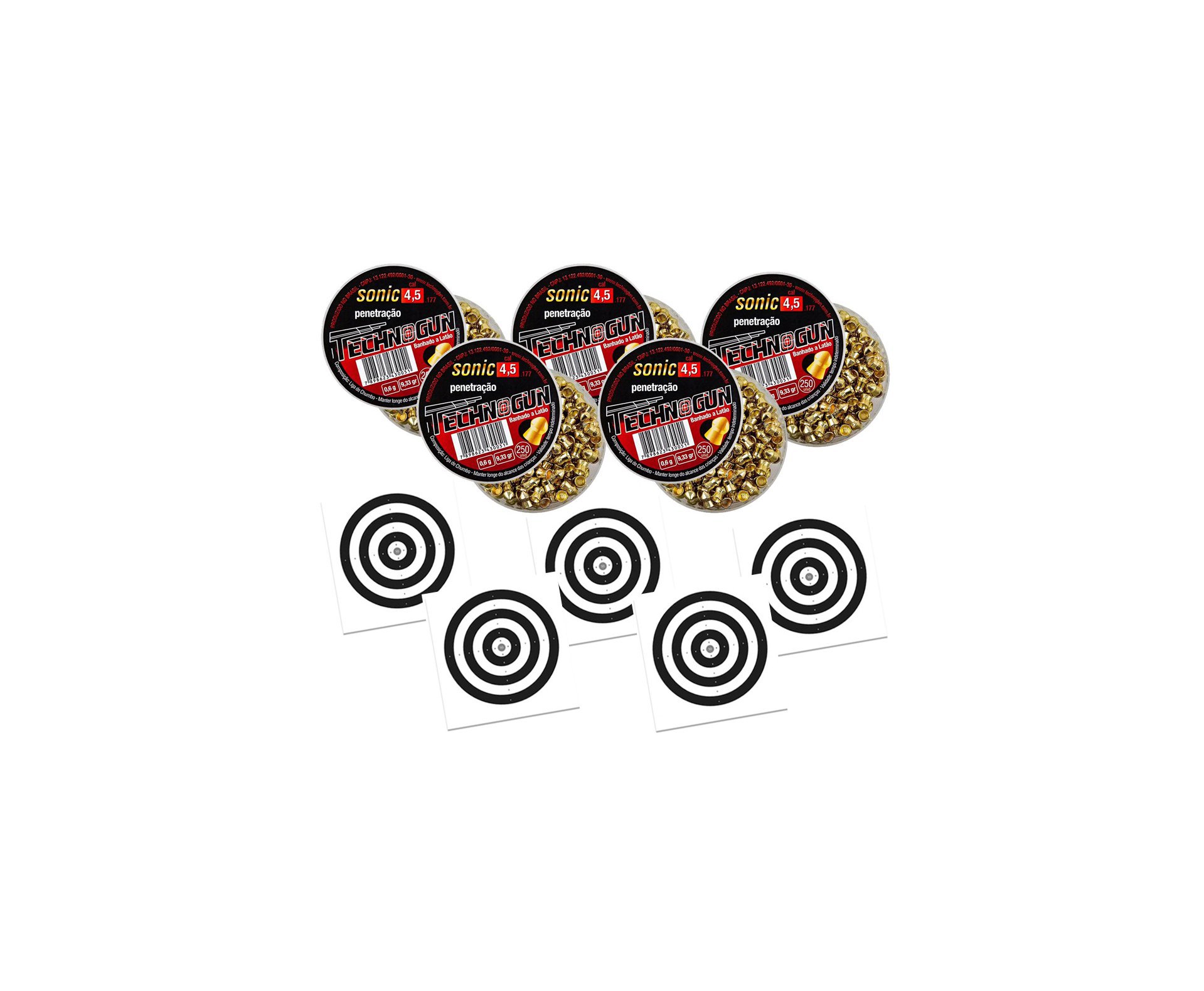 Kit 05 Chumbinho Sonic Gold Latonado Calibre 4,5 Mm - 250 Unidades - Technogun + 05 Alvos