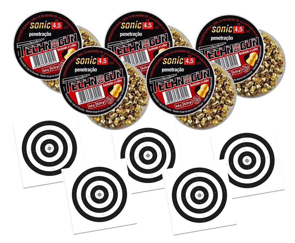 Kit 05 Chumbinho Sonic Gold Latonado Calibre 4,5 Mm - 250 Unidades - Technogun + 05 Alvos