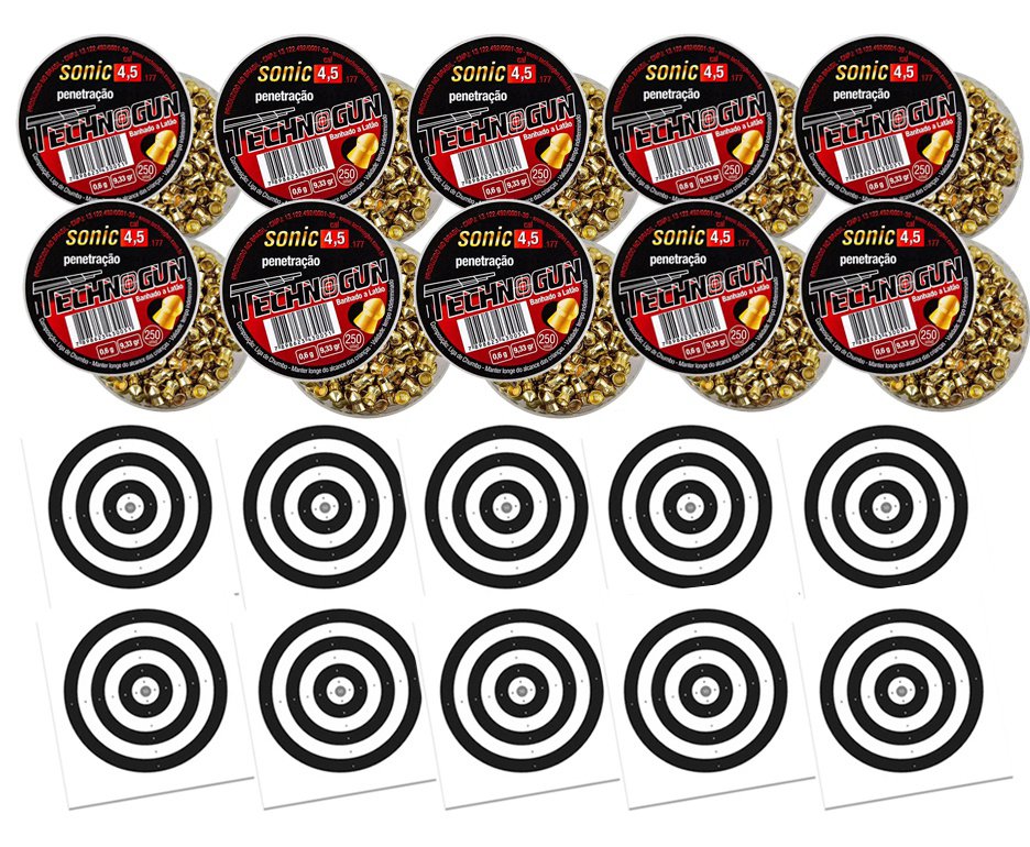 Kit 10 Chumbinho Sonic Gold Latonado Calibre 4,5 Mm - 250 Unidades - Technogun + 100 Alvos