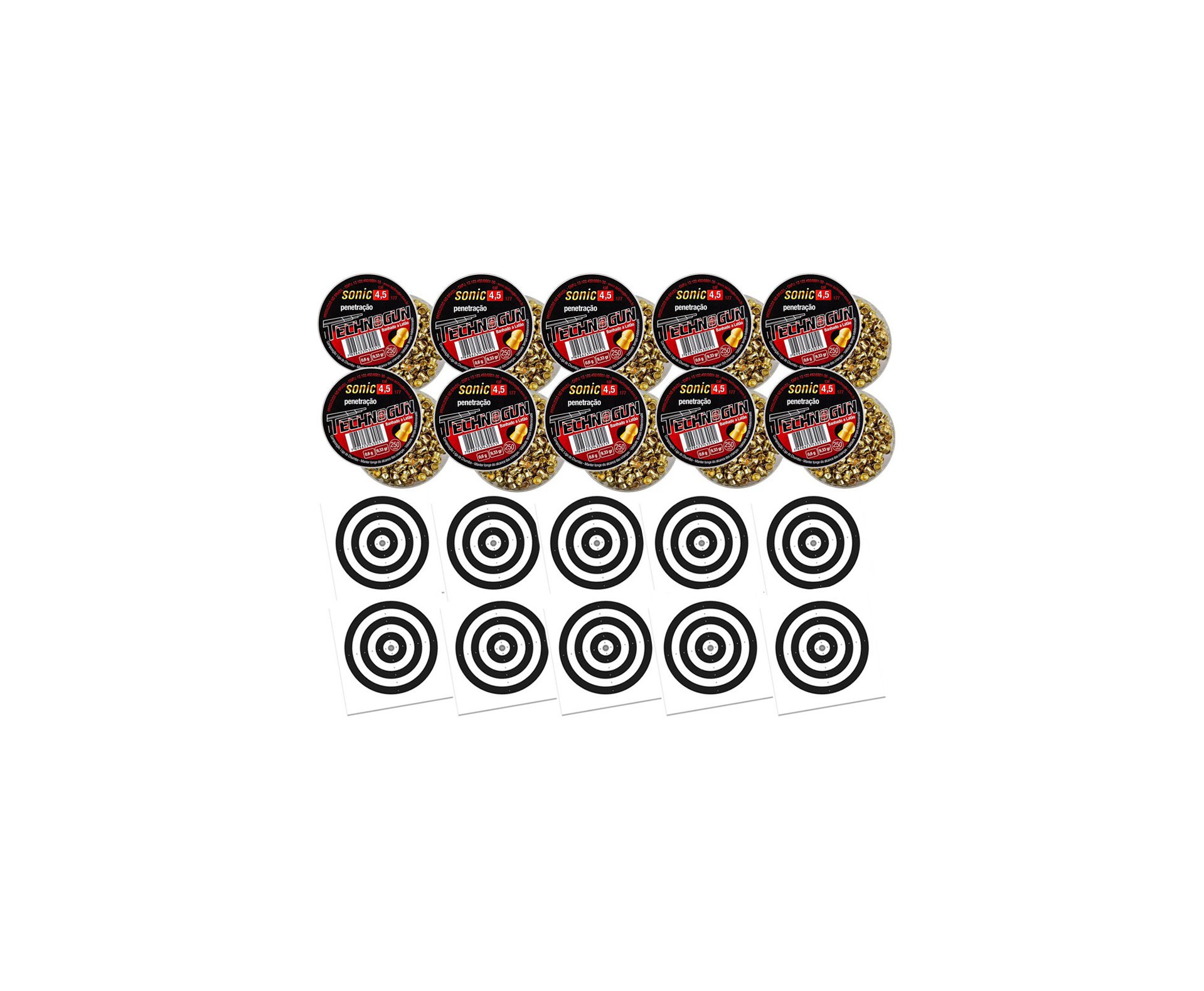 Kit 10 Chumbinho Sonic Gold Latonado Calibre 4,5 Mm - 250 Unidades - Technogun + 100 Alvos