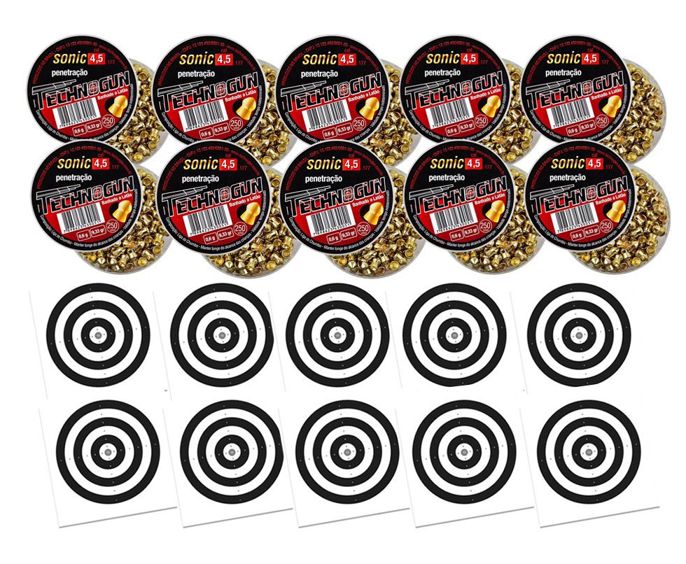 Kit 10 Chumbinho Sonic Gold Latonado Calibre 4,5 Mm - 250 Unidades - Technogun + 100 Alvos