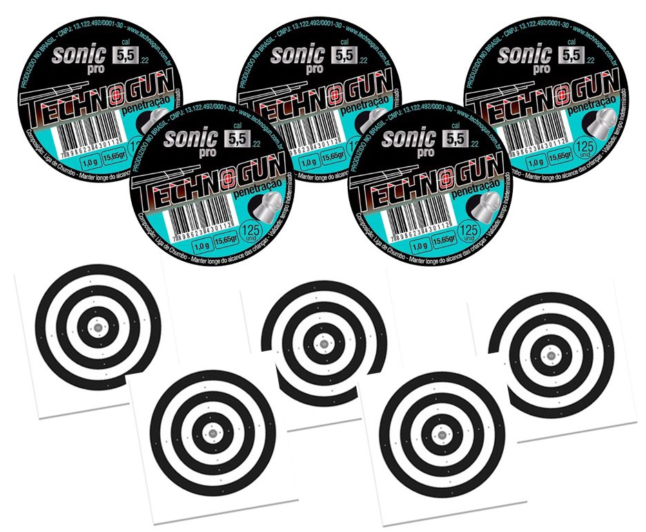 Kit 05 Chumbinho Sonic Pró Calibre 5,5mm - Pote Com 125 Pcs - Technogun + 50 Alvos