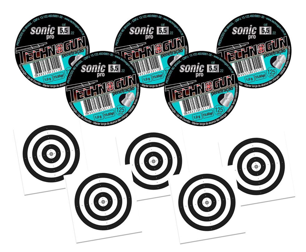 Kit 05 Chumbinho Sonic Pró Calibre 5,5mm - Pote Com 125 Pcs - Technogun + 50 Alvos