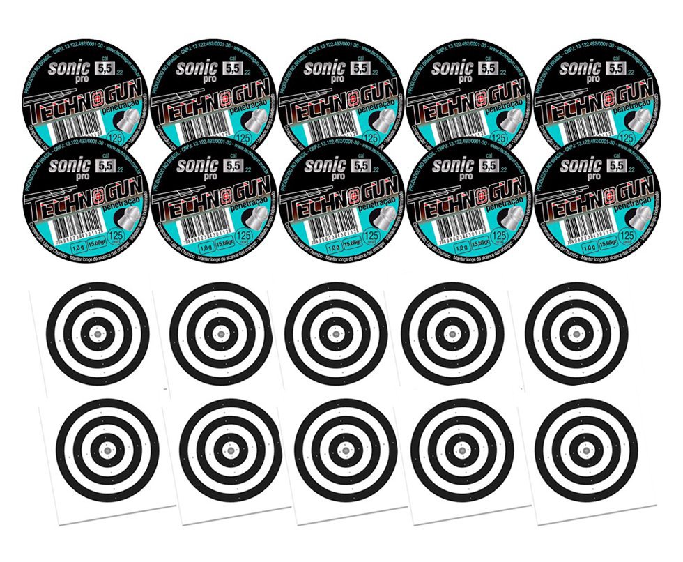 Kit 10 Chumbinho Sonic Pró Calibre 5,5mm - Pote Com 125 Pcs - Technogun + 100 Alvos
