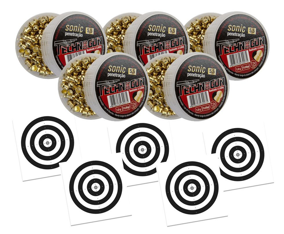 Kit 05 Chumbinho Sonic Gold Latonado - Calibre 5,5 Mm - Com 125 Unid - Technogun + 50 Alvos