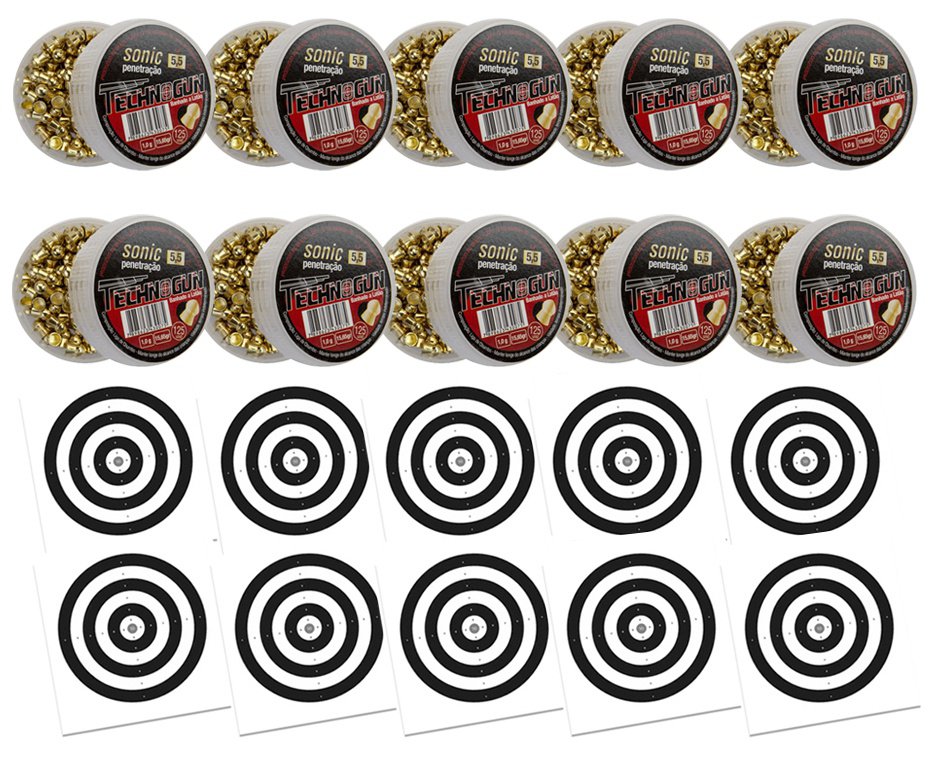 Kit 10 Chumbinho Sonic Gold Latonado - Calibre 5,5 Mm - Com 125 Unid - Technogun + 100 Alvos