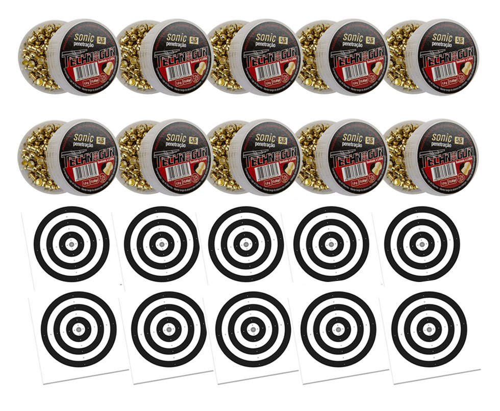 Kit 10 Chumbinho Sonic Gold Latonado - Calibre 5,5 Mm - Com 125 Unid - Technogun + 100 Alvos