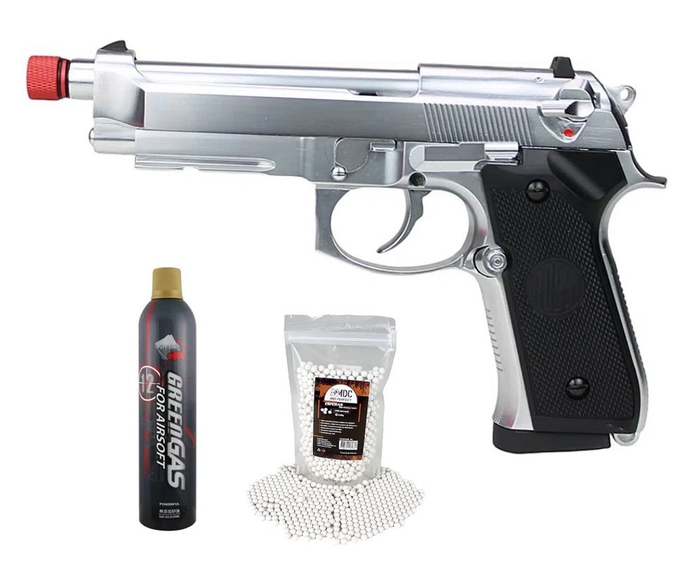 Pistola de Airsoft Gás GBB M92 Silver Full Metal 6mm - Rossi + Green Gás + BBs