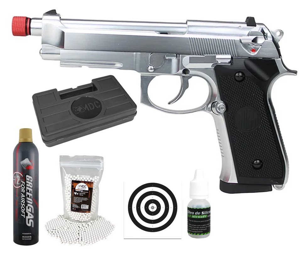Pistola de Airsoft Gás GBB M92 Silver Full Metal 6mm - Rossi + Green Gás + BBs + Case + Alvos + Oleo de Silicone